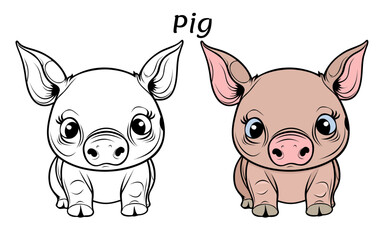 Pig Cute Animal Coloring Book Hand Drawn Illustration for kids