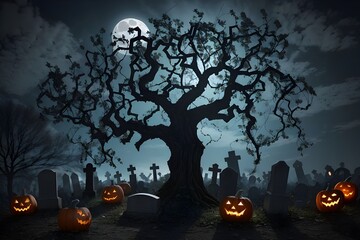 Bathed in the ethereal glow of the full moon, Halloween night unveils a haunting spectacle. A decrepit graveyard emerges from the darkness, tombstones silhouetted against the moonlit sky.