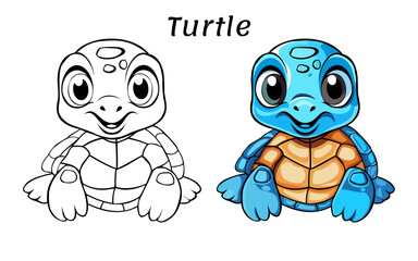 Turtle Cute Animal Coloring Book Hand Drawn Illustration for kids