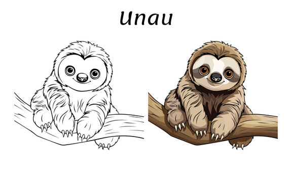 Unau Cute Animal Coloring Book Hand Drawn Illustration for kids