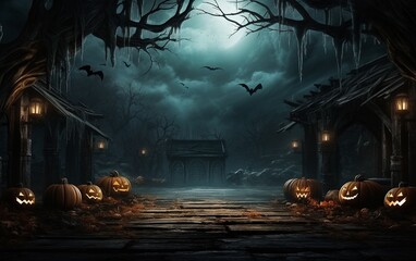 Haunting Halloween Background with an Empty Wooden Panel