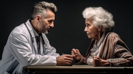 medical person conversation with senior or old female at the table in living room. doctor in Support or communication with patient resident elderly woman. Healthcare Seniors. Generative Ai - obrazy, fototapety, plakaty
