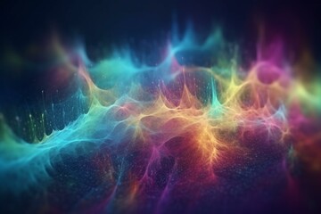 Beautiful, enchanting particle flow with elegant waves of colorful dust, magical ripples. Info stream, data transfer, virtual reality. Creative soft bokeh, abstract background. 3D. Generative AI