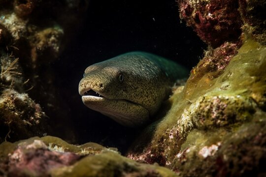 A hidden moray eel in an underwater cave amidst coral reefs. Generative AI