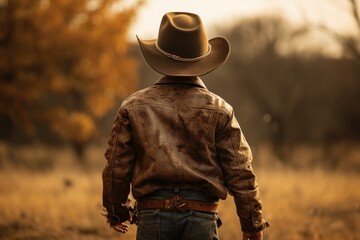Back view courageous cowboy boy. Fashion little hat. Generate Ai - obrazy, fototapety, plakaty