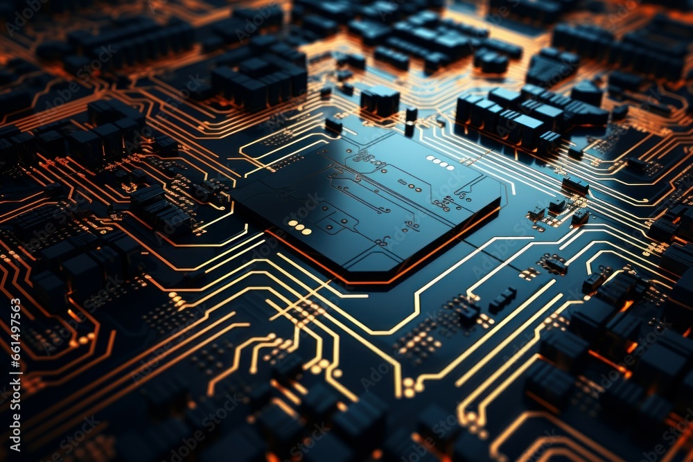 Poster unique glow-in-the-dark chip component data overview. a display of an advanced chip basking in a mac