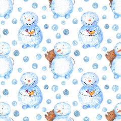 Fototapeta premium Hand drawn seamless pattern with two snowman and little friens bird and bear on back waving hello and snoflakes.Christmas snow winter new year background
