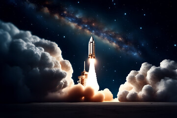 space rocket taking off, night sky with milky way, AI generated