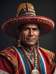 Fototapeta premium Proud Peruvian Heritage: Portrait of a Man in Traditional Attire. generative AI