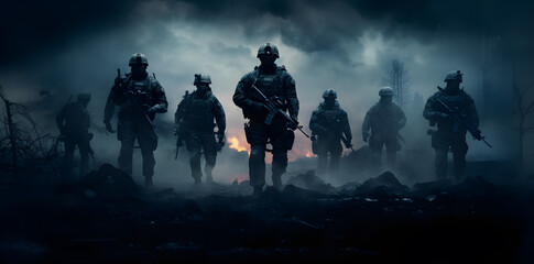 Army soldiers with his guns on a dark background