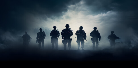 Army soldiers with his guns on a dark background - obrazy, fototapety, plakaty