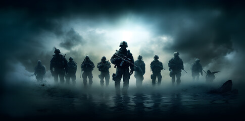 Army soldiers with his guns on a dark background
