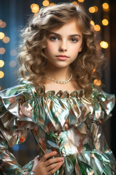 Young girl in bold makeup and metallic dress on holographic background.