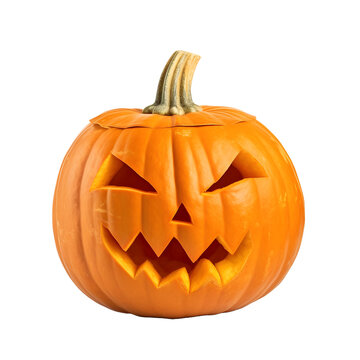 Scary face carved into fresh uncooked natural pumpkin isolated on a white background