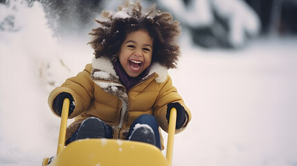 Black kid in a yellow coat laughs and have fun on a snow sled, skid, sledge, toboggan and sliding down hill of snow, Christmas season - obrazy, fototapety, plakaty