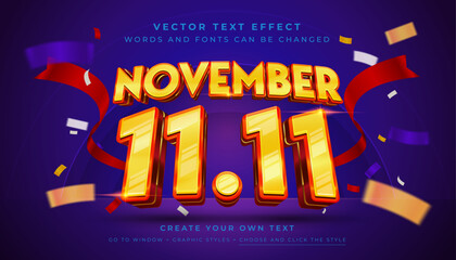 Vector Editable 3D November 11.11 text effect. Sale promotion graphic style on abstract confetti background - obrazy, fototapety, plakaty