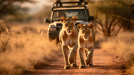 Lionesses moving swiftly on dirt road in front of safari jeep - obrazy, fototapety, plakaty