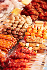 Meat, skewers and local market with food sale, shopping and choice for retail or small business...