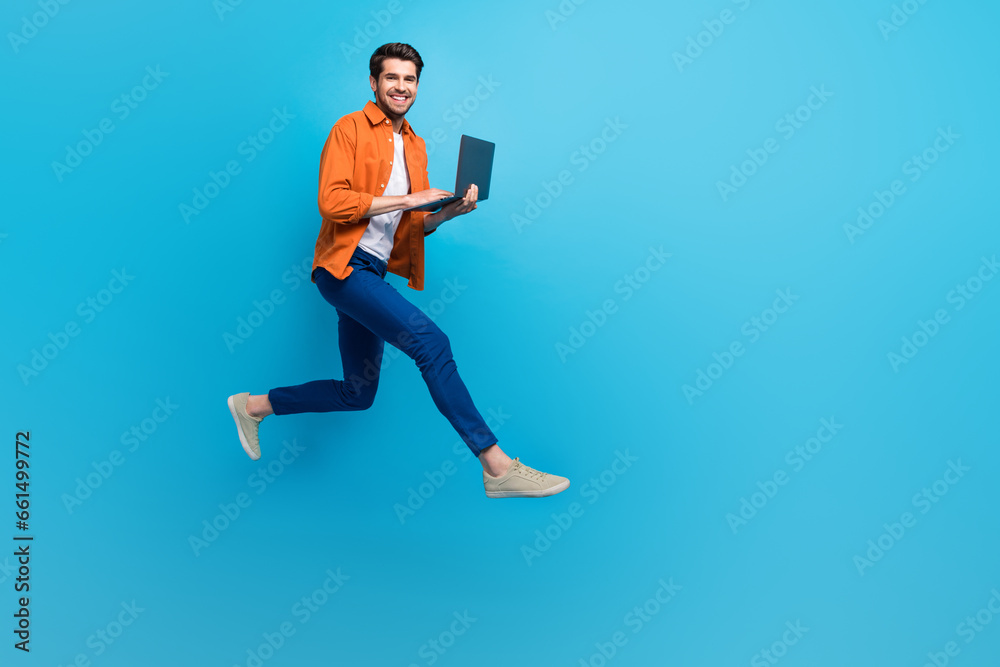 Poster full body profile portrait of active excited person jumping rush use netbook empty space ad isolated
