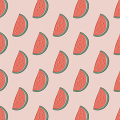 Watermelon slice regular seamless pattern on pink background. Cute fruit design in scandinavian style vector illustration.