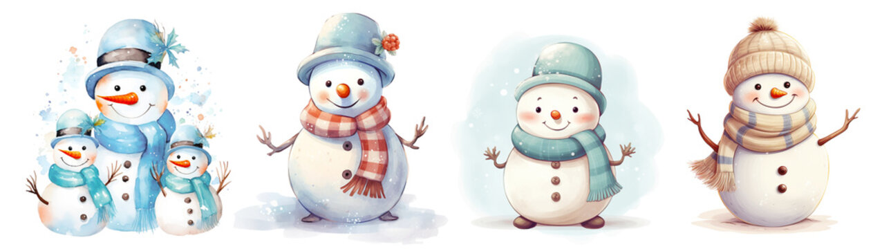 set of cute snowmen Isolated cutout on transparent background