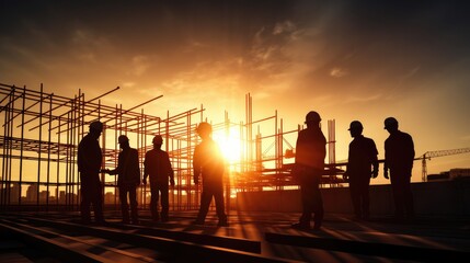 Fototapeta premium Silhouettes of Engineers and workers inspecting a project on a building site background, construction site at sunset, Generative AI
