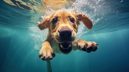 Funny underwater picture of puppies in swimming pool playing deep dive action training game with family pets and popular dog breeds during summer holidays. recreation, relax, generate by AI - obrazy, fototapety, plakaty