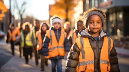 Foto op Canvas Children in reflective vests walking in line to city school. © XaMaps