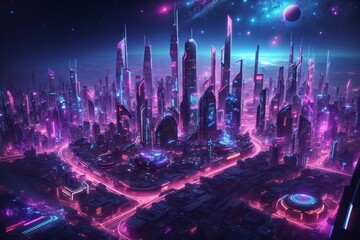 neon lights and signs in a futuristic cyberpunk city. futuristic structures in a cyberpunk city
