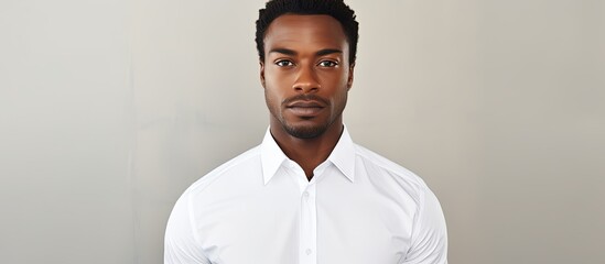 Serious young African American man in casual white shirt gazing at the camera