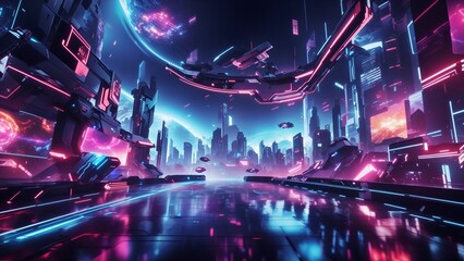 3D rendering Futuristic spaceship Cyberpunk style in the neon futuristic city