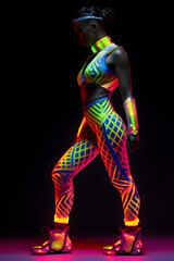 Fototapeta na wymiar African woman in neon sportswear for fitness and training in the style of futuristic pop, luminous color palette