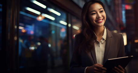 An Asian businesswoman, dressed in a sharp suit, utilizes a tablet against the backdrop of a cityscape aglow with the soft lights of the night.