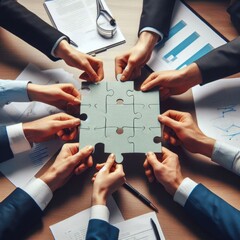 Concept of teamwork and partnership. Hands join puzzle pieces in the office. business people putting the jigsaws team together.Charity, volunteer. Unity, team business. High quality photo