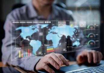 Business connection concept. Businessman check or working world wide via online internet technology, global data communication networking management with global financial marketing team.