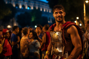 Fototapeta na wymiar a street performer dressed as a Roman gladiator