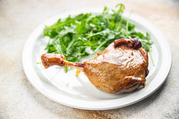 fresh duck leg confit berry sauce poultry meat eating cooking appetizer meal food snack on the table copy space food background rustic top view