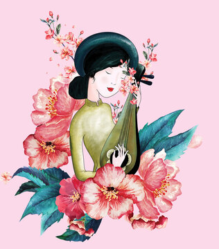 painting of a Vietnamese woman playing the monochord