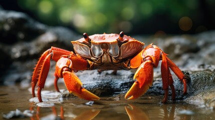 Red crab on the rock side - obrazy, fototapety, plakaty