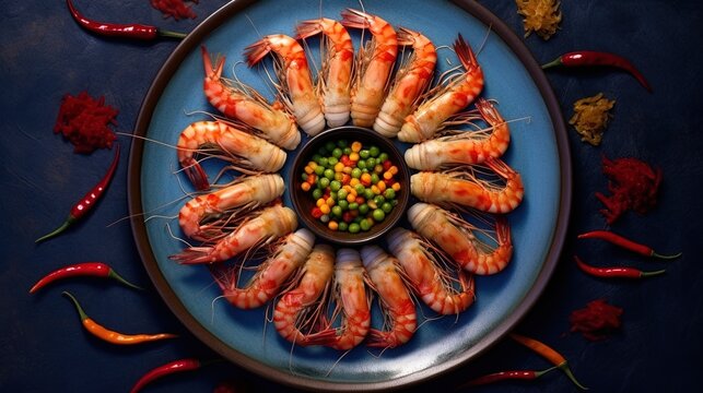Photo of shrimp chuchi arranged in a circle on a plate with fresh pepper seeds, generated by AI