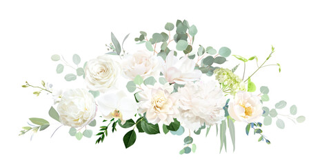 White rose, orchid, magnolia, beige ranunculus, peony, green hydrangea, dahlia, eucalyptus vector - obrazy, fototapety, plakaty