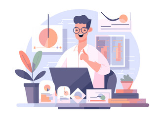 Business man working at a desk on a computer.