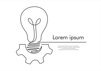 Continuous line drawing of Lightbulb with cogwheel on white isolated background. Idea business concept.