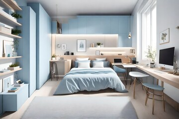 Creating a cozy bedroom in a 3x3m² space, featuring a prominent large window and a soft light blue color scheme.