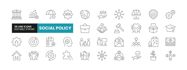 Set of 36 Social Policy line icons set. Social Policy outline icons with editable stroke collection. Includes Family, Human Resources, Welfare, Government, Justice and More. - obrazy, fototapety, plakaty