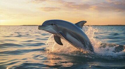 Dolphins jumping on water with beautiful sunset