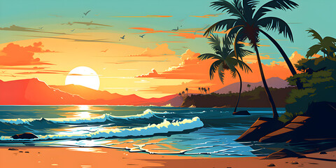 Tropical beach with sunset and palm tree - obrazy, fototapety, plakaty