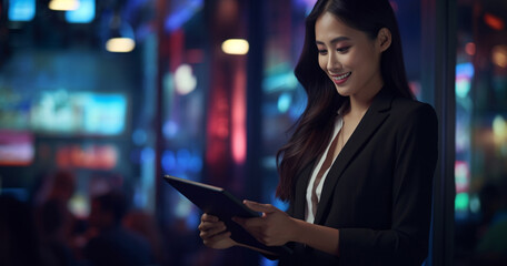 Fototapeta premium An Asian businesswoman, dressed in a sharp suit, utilizes a tablet against the backdrop of a cityscape aglow with the soft lights of the night.