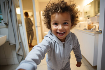 Parenting child concept. Cute baby toddler kid boy wearing blue pajamas with a surprised face, afraid and excited with curiousness expression makes selfie in bathroom before going to sleep bed - obrazy, fototapety, plakaty
