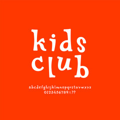 Joyful alphabet, kids font made cartoon style, funny white lowercase Latin letters and Arab numerals, vector illustration 10EPS